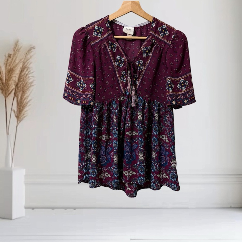 Knox Rose Burgundy Floral Boho Peasant Blouse